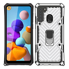 Funda Bumper Silicona y Plastico Mate Carcasa con Magnetico Anillo de dedo Soporte S02 para Samsung Galaxy A21 Plata