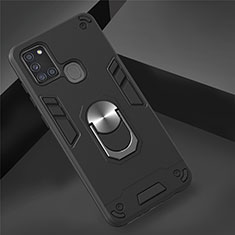 Funda Bumper Silicona y Plastico Mate Carcasa con Magnetico Anillo de dedo Soporte S02 para Samsung Galaxy A21s Negro