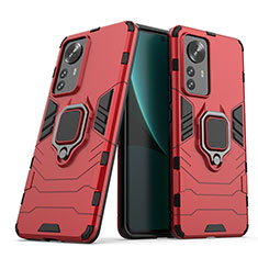 Funda Bumper Silicona y Plastico Mate Carcasa con Magnetico Anillo de dedo Soporte S02 para Xiaomi Mi 12 Pro 5G Rojo