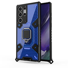 Funda Bumper Silicona y Plastico Mate Carcasa con Magnetico Anillo de dedo Soporte S03 para Samsung Galaxy S21 Ultra 5G Azul