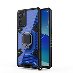 Funda Bumper Silicona y Plastico Mate Carcasa con Magnetico Anillo de dedo Soporte S04 para Oppo Reno6 5G Azul