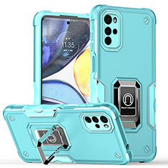 Funda Bumper Silicona y Plastico Mate Carcasa con Magnetico Anillo de dedo Soporte S05 para Motorola Moto G22 Cian