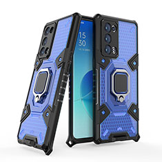 Funda Bumper Silicona y Plastico Mate Carcasa con Magnetico Anillo de dedo Soporte S05 para Oppo Reno6 Pro 5G Azul