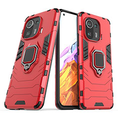 Funda Bumper Silicona y Plastico Mate Carcasa con Magnetico Anillo de dedo Soporte S05K para Xiaomi Mi 11 Pro 5G Rojo