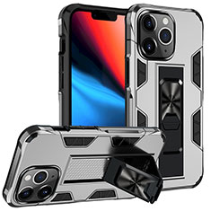 Funda Bumper Silicona y Plastico Mate Carcasa con Magnetico Anillo de dedo Soporte S07 para Apple iPhone 13 Pro Max Plata