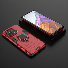 Funda Bumper Silicona y Plastico Mate Carcasa con Magnetico Anillo de dedo Soporte S07 para Xiaomi Mi 11 Pro 5G Rojo