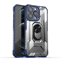 Funda Bumper Silicona y Plastico Mate Carcasa con Magnetico Anillo de dedo Soporte S08 para Apple iPhone 13 Pro Azul