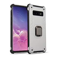 Funda Bumper Silicona y Plastico Mate Carcasa con Magnetico Anillo de dedo Soporte T01 para Samsung Galaxy S10 Plata