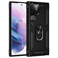 Funda Bumper Silicona y Plastico Mate Carcasa con Magnetico Anillo de dedo Soporte T02 para Samsung Galaxy S21 Ultra 5G Negro