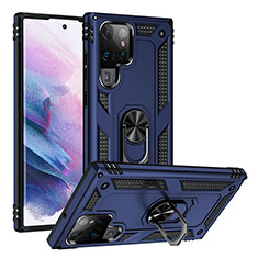 Funda Bumper Silicona y Plastico Mate Carcasa con Magnetico Anillo de dedo Soporte T03 para Samsung Galaxy S22 Ultra 5G Azul