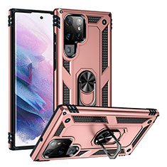 Funda Bumper Silicona y Plastico Mate Carcasa con Magnetico Anillo de dedo Soporte T03 para Samsung Galaxy S22 Ultra 5G Oro Rosa
