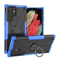 Funda Bumper Silicona y Plastico Mate Carcasa con Magnetico Anillo de dedo Soporte T08 para Samsung Galaxy S21 Ultra 5G Azul