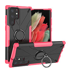 Funda Bumper Silicona y Plastico Mate Carcasa con Magnetico Anillo de dedo Soporte T08 para Samsung Galaxy S23 Ultra 5G Rosa Roja