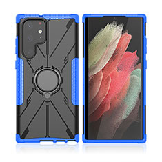 Funda Bumper Silicona y Plastico Mate Carcasa con Magnetico Anillo de dedo Soporte T09 para Samsung Galaxy S21 Ultra 5G Azul