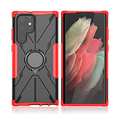 Funda Bumper Silicona y Plastico Mate Carcasa con Magnetico Anillo de dedo Soporte T09 para Samsung Galaxy S21 Ultra 5G Rojo
