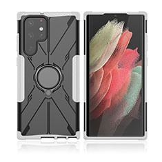 Funda Bumper Silicona y Plastico Mate Carcasa con Magnetico Anillo de dedo Soporte T09 para Samsung Galaxy S22 Ultra 5G Gris