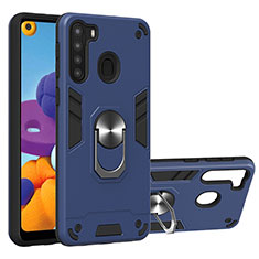 Funda Bumper Silicona y Plastico Mate Carcasa con Magnetico Anillo de dedo Soporte Y01B para Samsung Galaxy A21 Azul