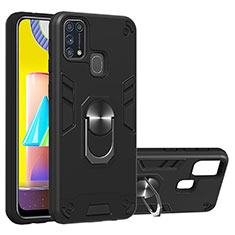 Funda Bumper Silicona y Plastico Mate Carcasa con Magnetico Anillo de dedo Soporte Y01B para Samsung Galaxy M21s Negro