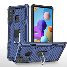 Funda Bumper Silicona y Plastico Mate Carcasa con Magnetico Anillo de dedo Soporte YF1 para Samsung Galaxy A21 Azul