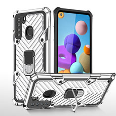 Funda Bumper Silicona y Plastico Mate Carcasa con Magnetico Anillo de dedo Soporte YF1 para Samsung Galaxy A21 Plata