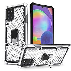 Funda Bumper Silicona y Plastico Mate Carcasa con Magnetico Anillo de dedo Soporte YF1 para Samsung Galaxy A31 Plata