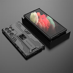 Funda Bumper Silicona y Plastico Mate Carcasa con Magnetico Soporte A01 para Samsung Galaxy S21 Ultra 5G Negro