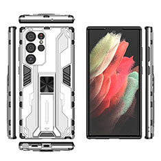 Funda Bumper Silicona y Plastico Mate Carcasa con Magnetico Soporte A03 para Samsung Galaxy S21 Ultra 5G Blanco