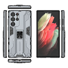 Funda Bumper Silicona y Plastico Mate Carcasa con Magnetico Soporte A03 para Samsung Galaxy S21 Ultra 5G Gris