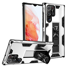 Funda Bumper Silicona y Plastico Mate Carcasa con Magnetico Soporte A04 para Samsung Galaxy S21 Ultra 5G Blanco