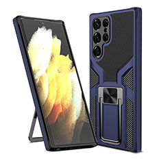 Funda Bumper Silicona y Plastico Mate Carcasa con Magnetico Soporte A05 para Samsung Galaxy S21 Ultra 5G Azul