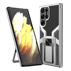 Funda Bumper Silicona y Plastico Mate Carcasa con Magnetico Soporte A05 para Samsung Galaxy S21 Ultra 5G Plata