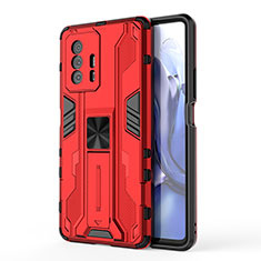 Funda Bumper Silicona y Plastico Mate Carcasa con Magnetico Soporte KC1 para Xiaomi Mi 11T Pro 5G Rojo