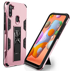 Funda Bumper Silicona y Plastico Mate Carcasa con Magnetico Soporte MQ1 para Samsung Galaxy A11 Oro Rosa