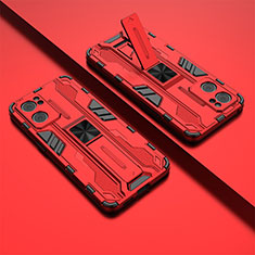 Funda Bumper Silicona y Plastico Mate Carcasa con Magnetico Soporte T01 para Oppo Find X5 Lite 5G Rojo