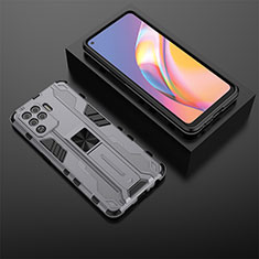 Funda Bumper Silicona y Plastico Mate Carcasa con Magnetico Soporte T02 para Oppo F19 Pro Gris