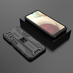 Funda Bumper Silicona y Plastico Mate Carcasa con Magnetico Soporte T02 para Samsung Galaxy A12 Nacho Negro