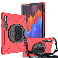 Funda Bumper Silicona y Plastico Mate Carcasa con Soporte A02 para Samsung Galaxy Tab S7 11 Wi-Fi SM-T870 Rojo