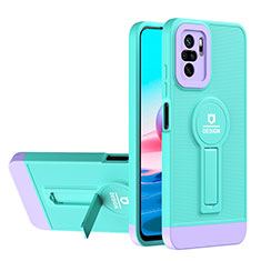 Funda Bumper Silicona y Plastico Mate Carcasa con Soporte H01P para Xiaomi Redmi Note 10 4G Cian