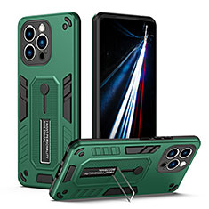 Funda Bumper Silicona y Plastico Mate Carcasa con Soporte H01X para Apple iPhone 15 Pro Verde
