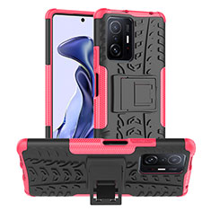 Funda Bumper Silicona y Plastico Mate Carcasa con Soporte JX1 para Xiaomi Mi 11T 5G Rosa Roja