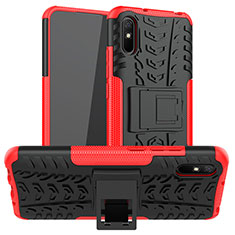 Funda Bumper Silicona y Plastico Mate Carcasa con Soporte JX1 para Xiaomi Redmi 9i Rojo