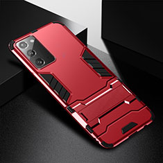 Funda Bumper Silicona y Plastico Mate Carcasa con Soporte N02 para Samsung Galaxy Note 20 5G Rojo