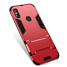 Funda Bumper Silicona y Plastico Mate Carcasa con Soporte para Xiaomi Redmi Note 5 AI Dual Camera Rojo