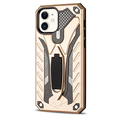 Funda Bumper Silicona y Plastico Mate Carcasa con Soporte R01 para Apple iPhone 12 Mini Oro