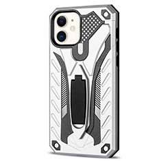 Funda Bumper Silicona y Plastico Mate Carcasa con Soporte R01 para Apple iPhone 12 Plata