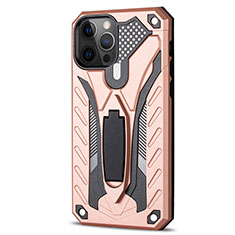 Funda Bumper Silicona y Plastico Mate Carcasa con Soporte R01 para Apple iPhone 12 Pro Oro Rosa
