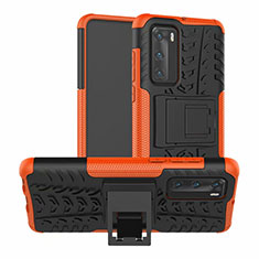 Funda Bumper Silicona y Plastico Mate Carcasa con Soporte R01 para Huawei P40 Naranja