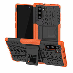 Funda Bumper Silicona y Plastico Mate Carcasa con Soporte R01 para Samsung Galaxy Note 10 5G Naranja