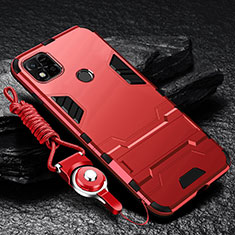 Funda Bumper Silicona y Plastico Mate Carcasa con Soporte R01 para Xiaomi Redmi 9 India Rojo