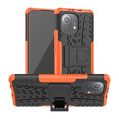 Funda Bumper Silicona y Plastico Mate Carcasa con Soporte R06 para Xiaomi Mi 11 5G Naranja